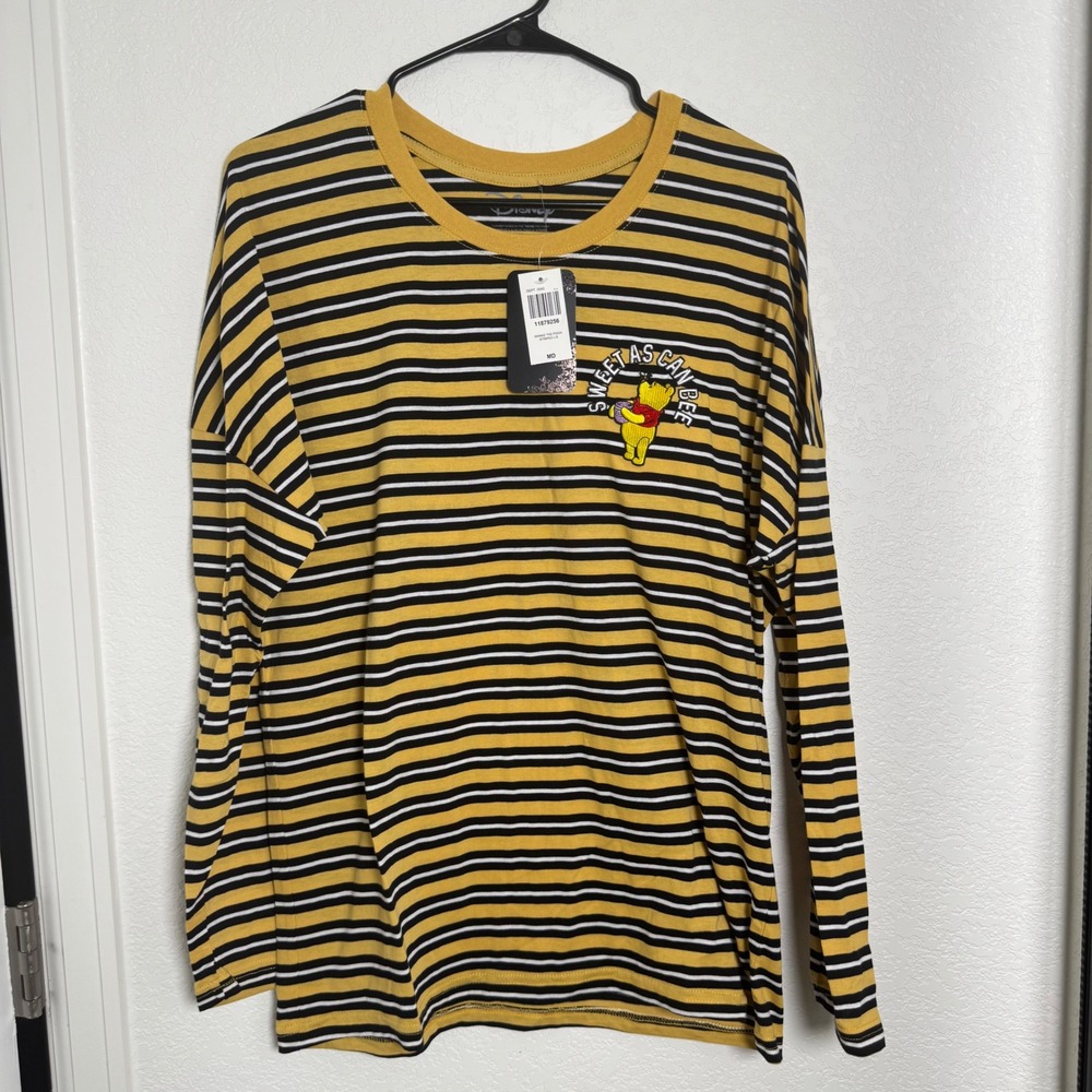 Disney Winnie the Pooh Long Sleeve Shirt Womens M Yellow Striped Sweet AsCan Bee